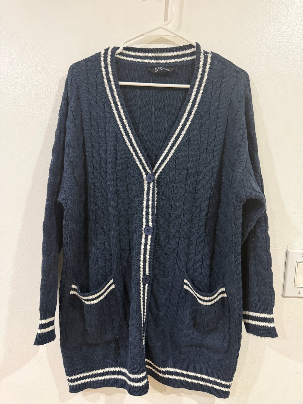 BloomChic Navy Cardigan with White Stripe Trim